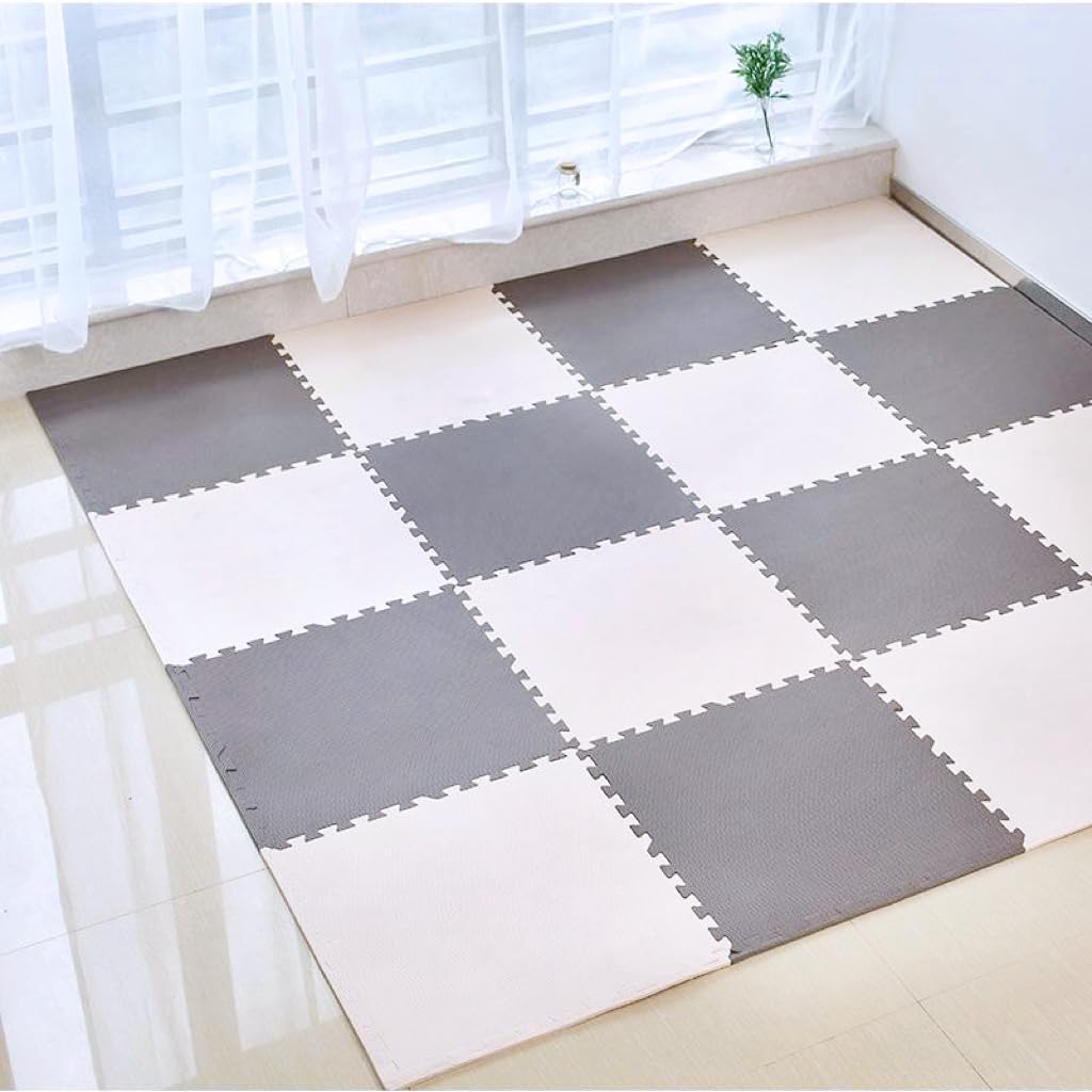 Interlocking Foam Floor Tiles, Floor Mat Squares for Kids, Foam Play Mats, Baby Puzzle Play Mat, White and Grey (16pcs Tiles with Border)