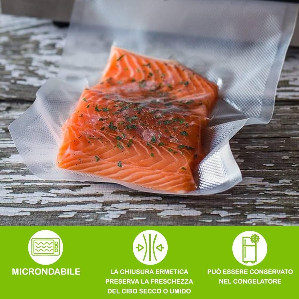 GM 100 Sacchetti Sottovuoto Goffrati per Alimenti, Misura 10x15 cm per Tutte le Macchine Sottovuoto, Buste Sottovuoto per Conservazione Alimenti e Cottura Senza BPA