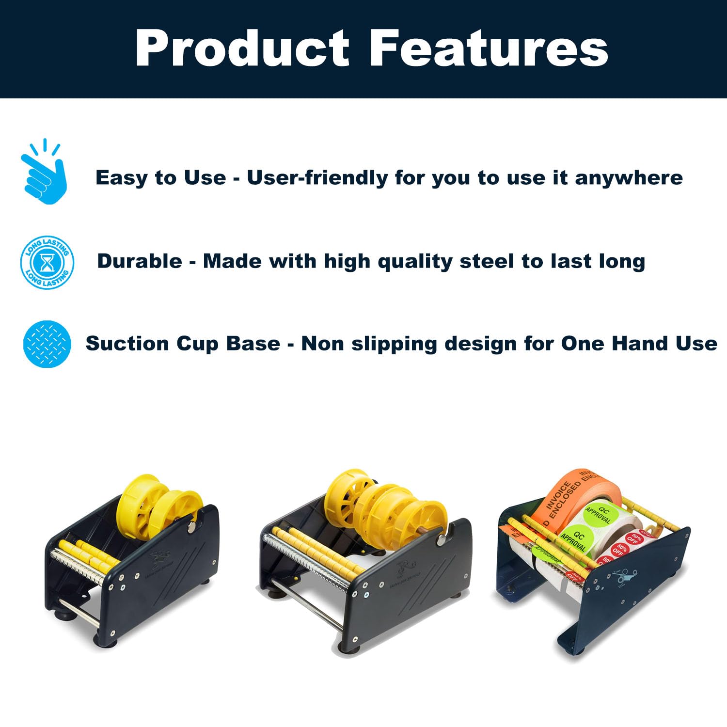 MDJ by Excell, dispenser manuale di etichette adesive con 4 ventose, base per tavolo, supporto regolabile per più rotoli per ufficio, casa, scuola, magazzino, facile da staccare, adatto per etichette