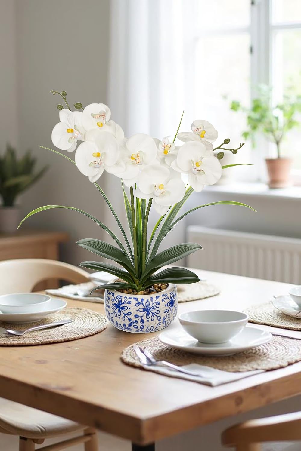 Oairse White Orchids Artificial Flowers in Pot 17.7" Faux Orchids Plant in Blue and White Pot Real Touch Fake Phalaenopsis Flower Arrangement Dinner Table Centerpiece for Dining Room Bathroom Decor - Image 4
