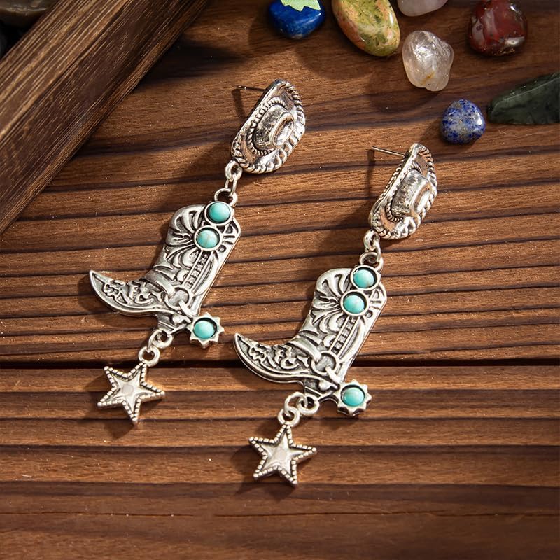 Silver Western Earrings Vintage Silver and Turquoise Western Style Cowboy Hat Boots Cowgirl Country Concert Dangle Earrings Jewelry Accessories for Women - Image 5