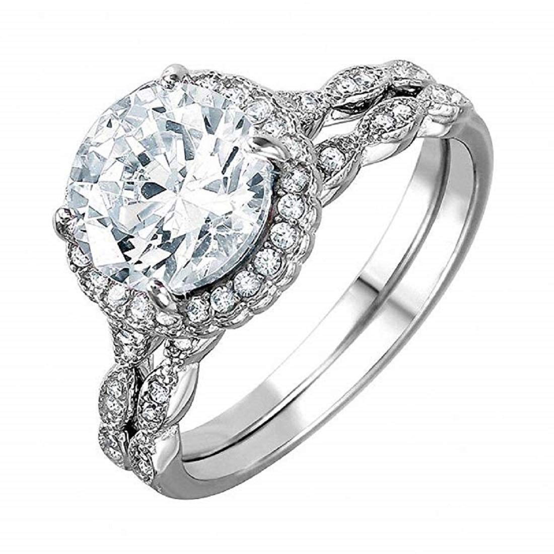 Blue Apple Co. - Anillo de compromiso de dos piezas con halo art déco, circonita cúbica de imitación redonda, plata de ley 925