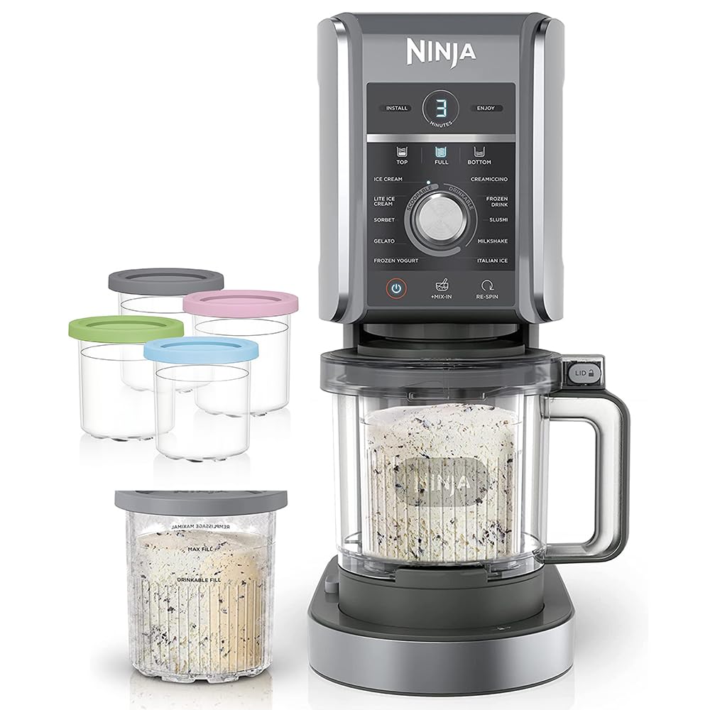 Ninja NC501 CREAMi Deluxe 11-in-1 XL Ice Cream Maker Silver Renewed Bundle with Deco Essentials 6 Pack of