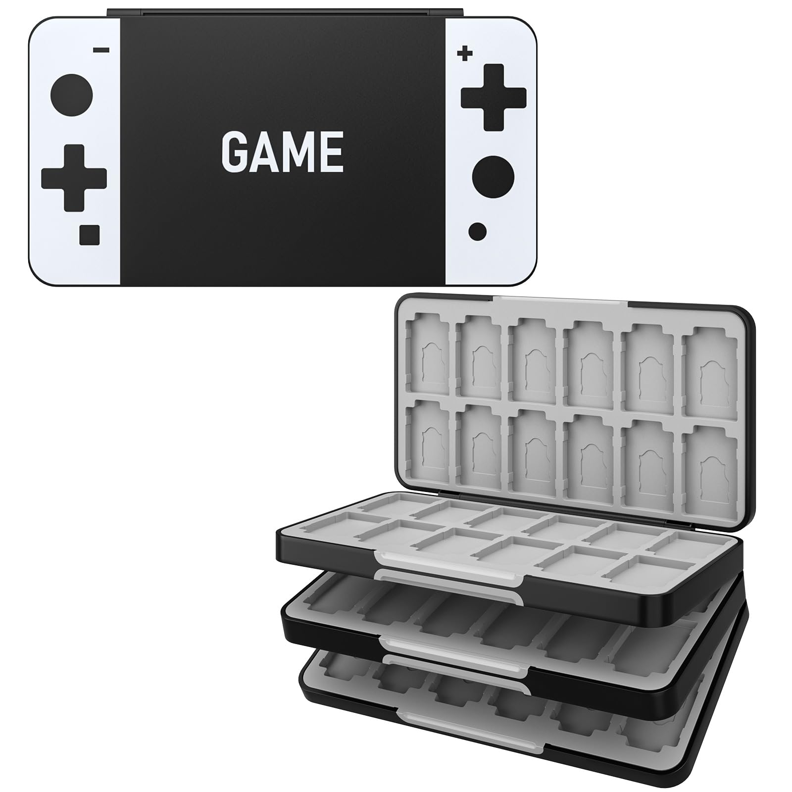 MoKo Porta Schede, Custodia Porta Cartucce di Gioco Compatibile con Switch 2/Switch OLED 2021/Lite, Custodia Protettiva con 72 Scompartimenti Schede Gioco, 24 Scompartimenti Micro SD - Motivo Console