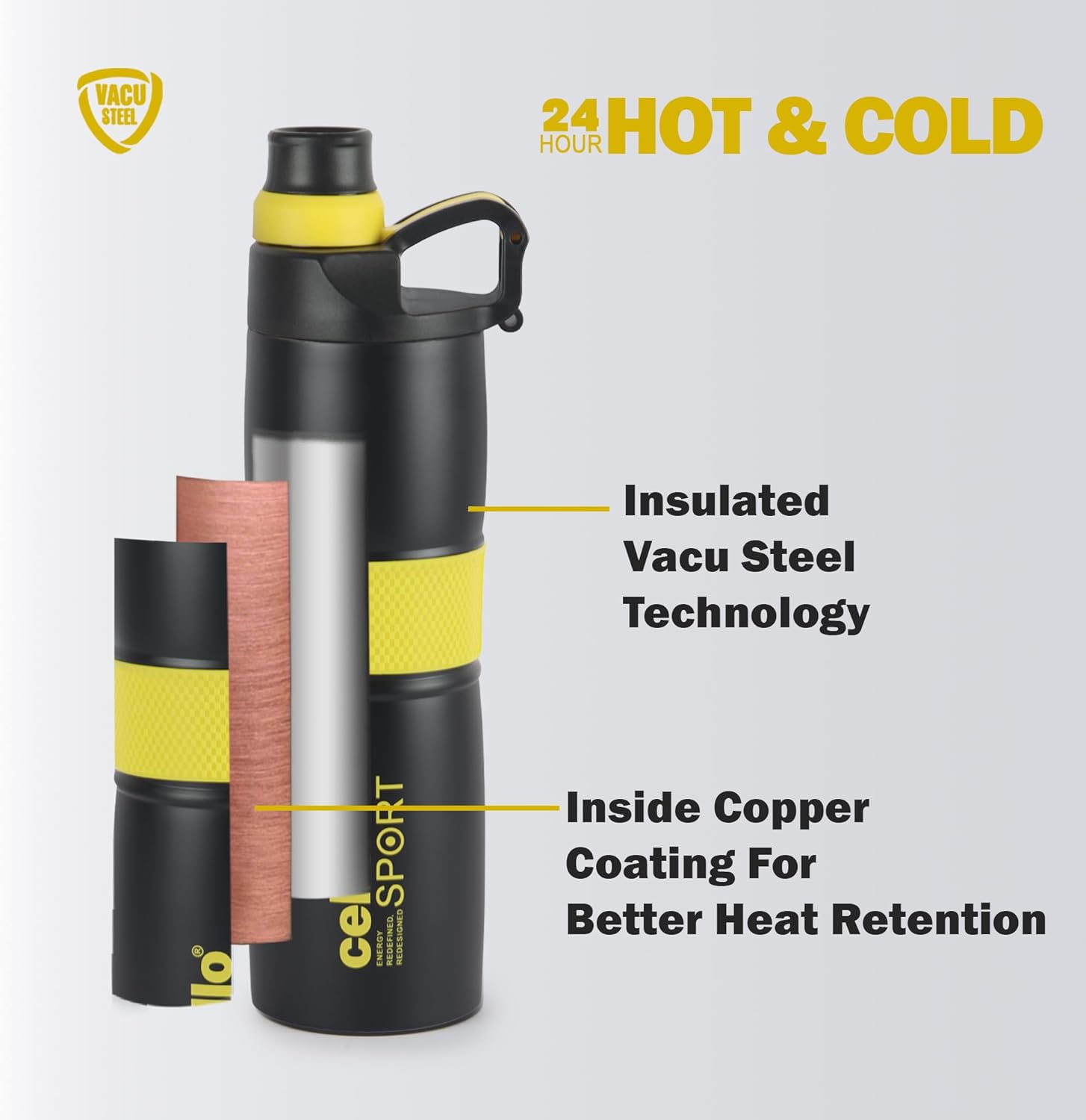 Vacuum insulated stainless steel water bottles, hot &cold, for gym, travel bulk water bottles, Thermos water bottle, BPA free, 23 Oz Cello force (Yellow), sport kids insulated water bottle