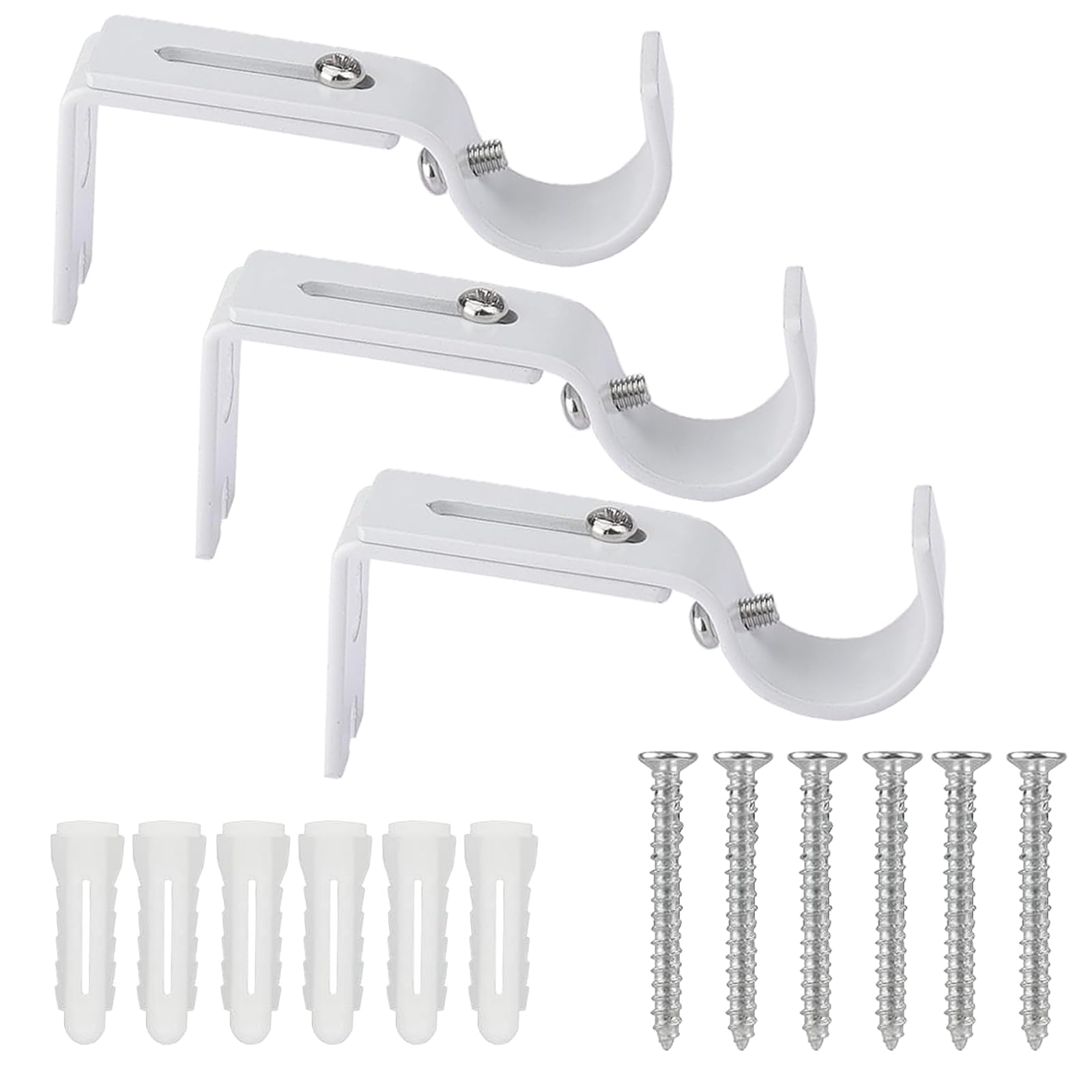 3Pcs Curtain Pole Brackets Adjustable Metal Curtain Rod Brackets Set with Screws (White)
