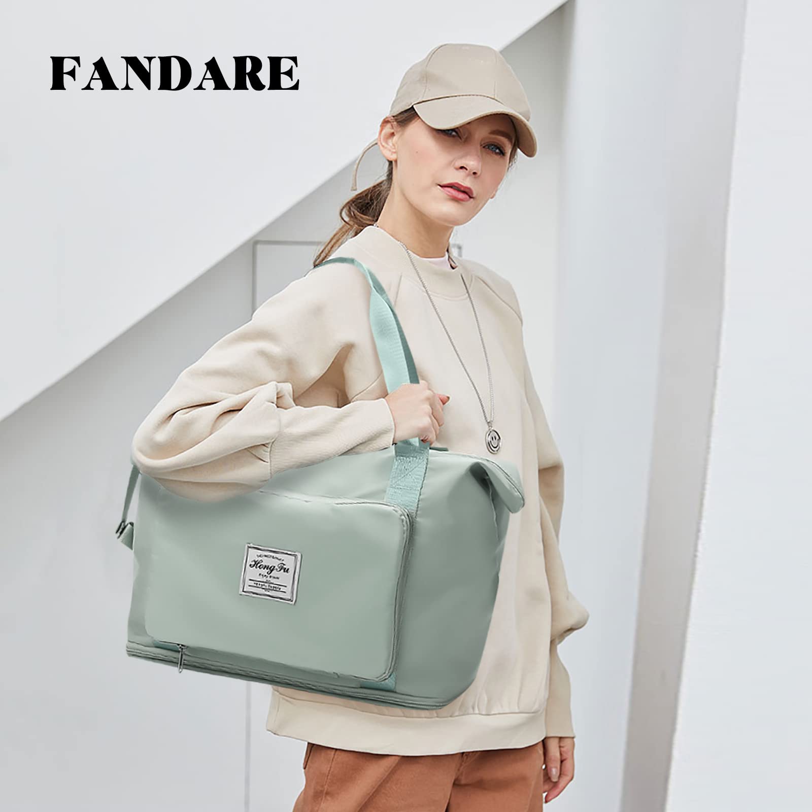 FANDARE Bolsa de Viaje Plegable Bolsa Deportivas de Gimnasio Bolsas de Viaje Mujer Hombre Bolsa de Fin de Semana Bolso Overnight Senderismo Maleta de manomochila con Zapato Compartimento Verde