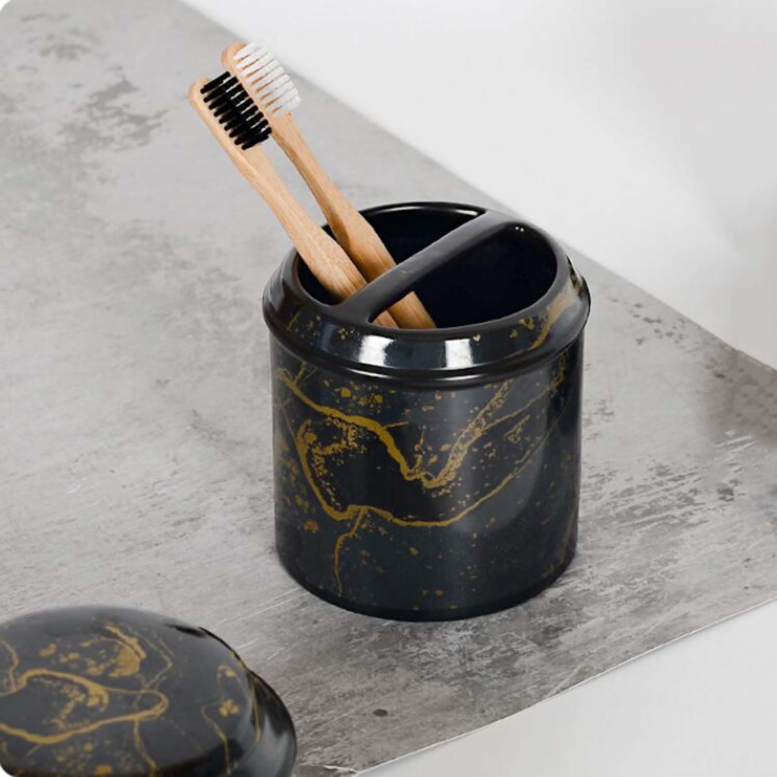 Set Dispensador De Jabón Marmoleado, Set De Baño De Cerámica, con Porta Cepillo De Dientes, Dispensador De Jabón, Jabonera, para La Zona De Lavado.,Negro