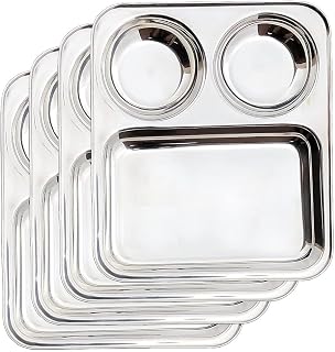 Stainless Steel Dinner Plate Bhojan Thali 3 in 1 Compartments, Silver 4 Piece Set