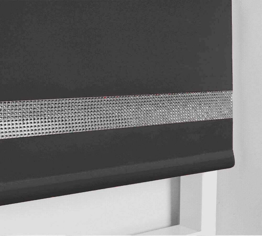 Easy to Fit Thermal BLACKOUT Dim Out Sparkle Diamond DIAMANTE Roller Blind (Child Safe) Charcoal 60cm