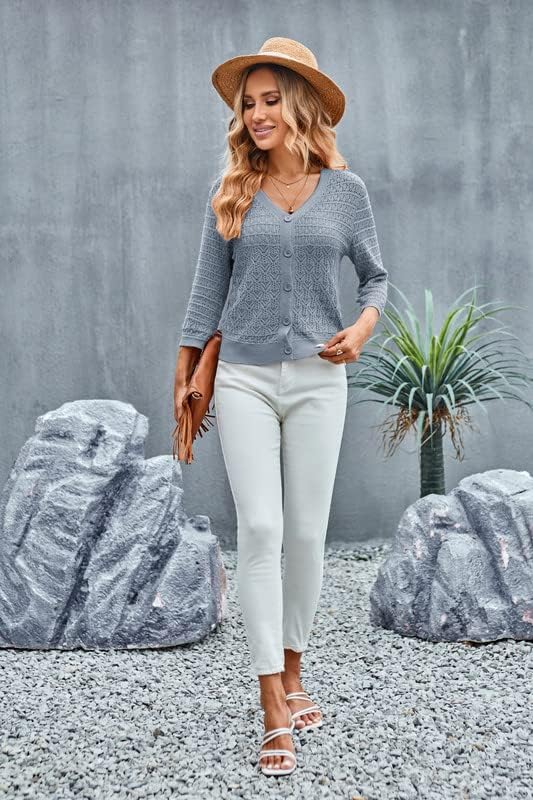 GRACE KARIN Women Lightweigt Crochet Knit Cardigan, 3/4 Sleeve Cropped Shrugs, Spring Button Down Sweaters Tops - Image 8