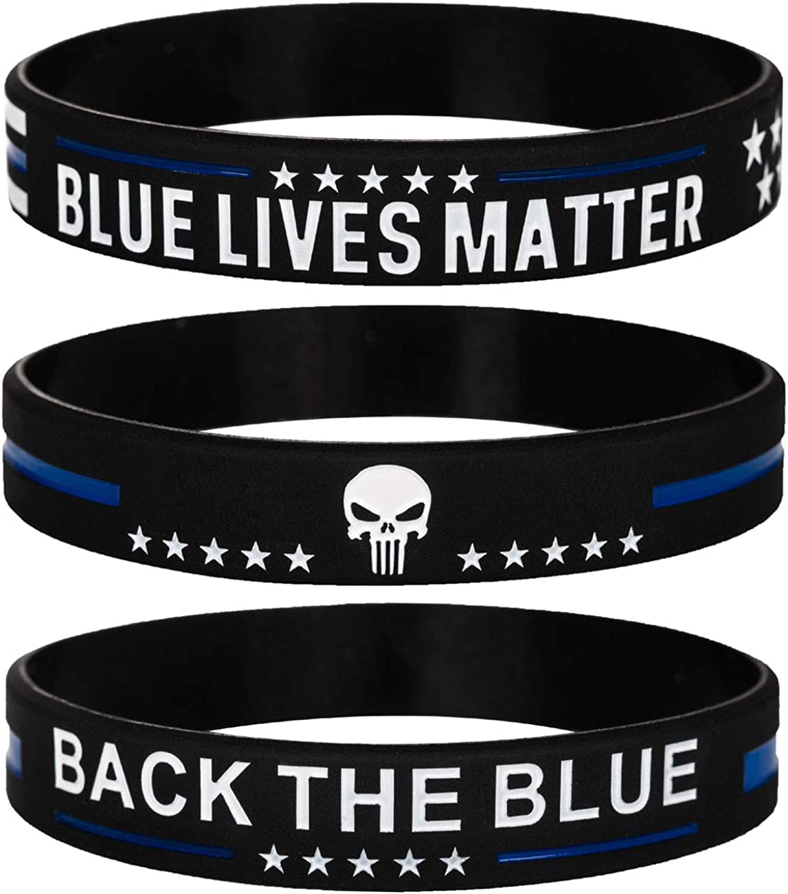 Blue Lives Matter Thin Blue Line American Flag Bracelets with Skull - Back The Blue Police Silicone Rubber Wristband Band Set - Support Law Enforcement Gifts for Police Cops, Men Women (Unisex)
