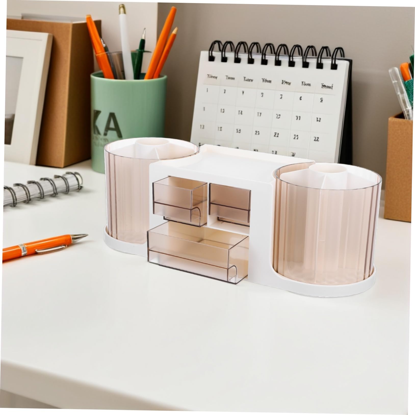 Organizador De Escritorio Giratorio Con Cajón De Plástico, Portalápices Giratorio Doble, Caja De Almacenamiento De Papelería Para Oficina, Aula, Estudiantes Y Profesores.