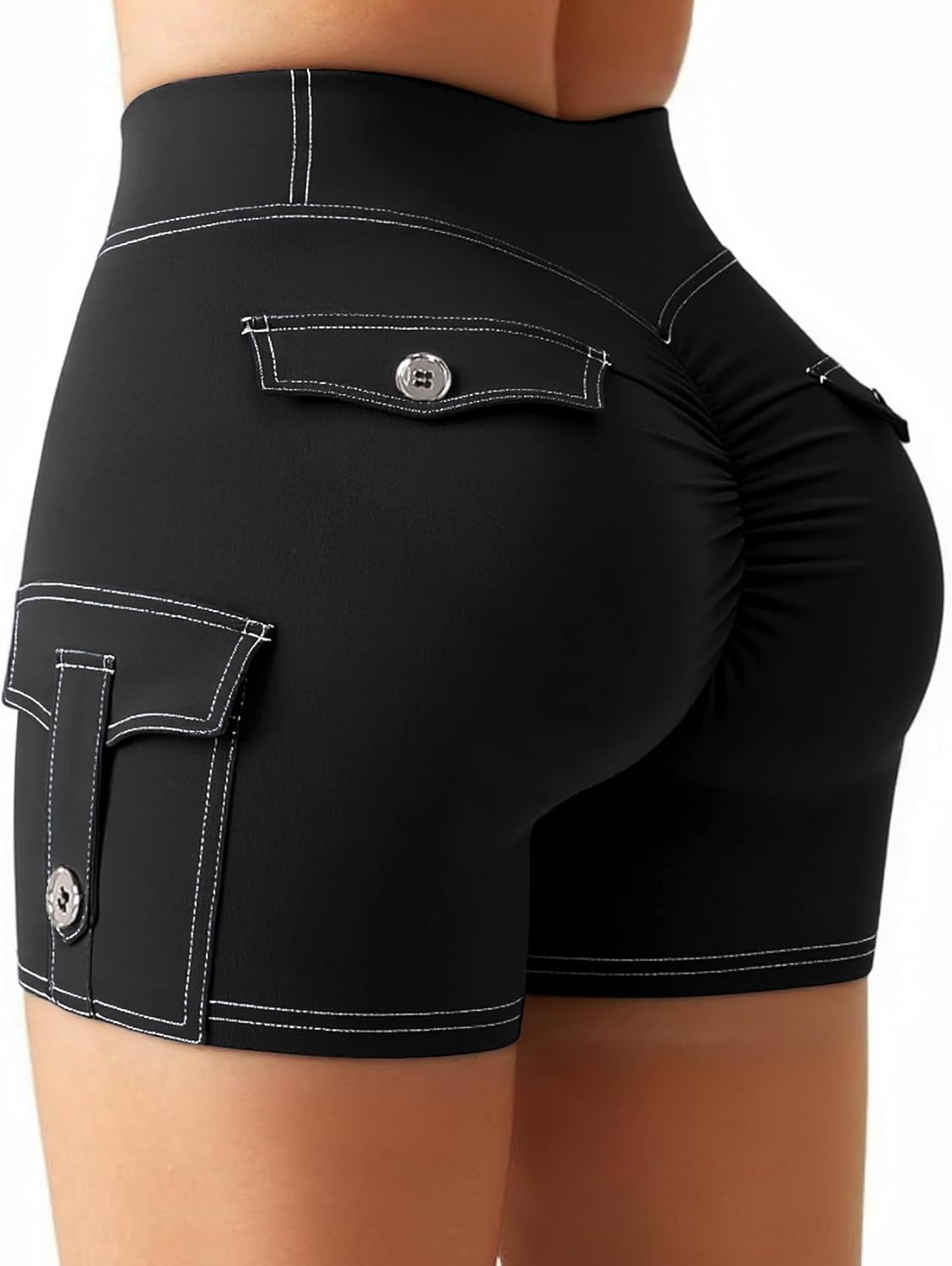 SEASUM Women's 4.5" Booty Lifting Scrunch Shorts One-Sided Cargo Pocket Yoga Denim-Look Bottoms