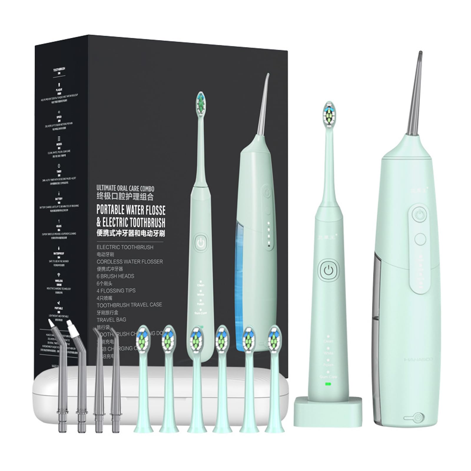 Cepillo de Dientes Eléctrico Sónico y Irrigador Bucal Inalámbrico,Juego Con 4 Boquillas,6 Cabezales de Cepillo,Hasta 90 Días de Duración de la Batería, Ipx7,Tanque de Agua de 200ml (White)