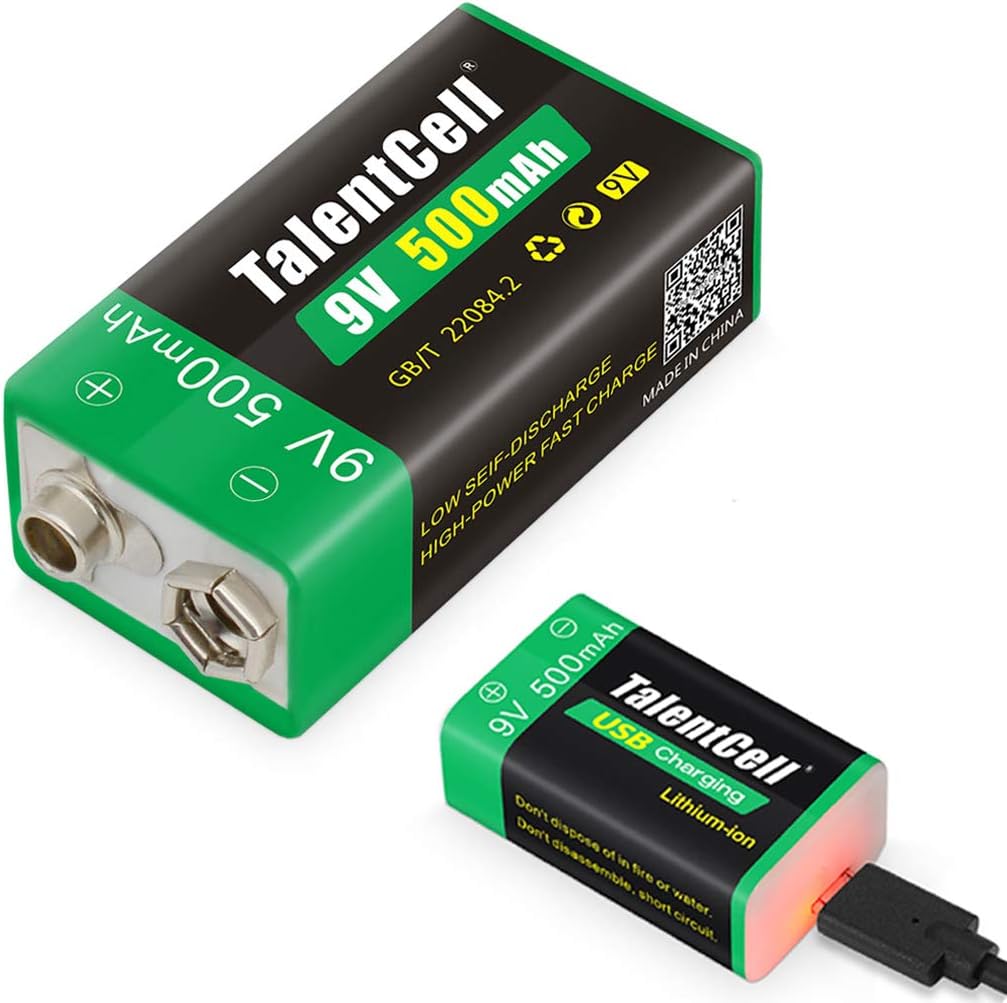 Talentcell 9V Lithium ion Battery, High Capacity 500mAh Rechargeable Li-ion Polymer Battery with Micro USB Charging Port, 1-Pack