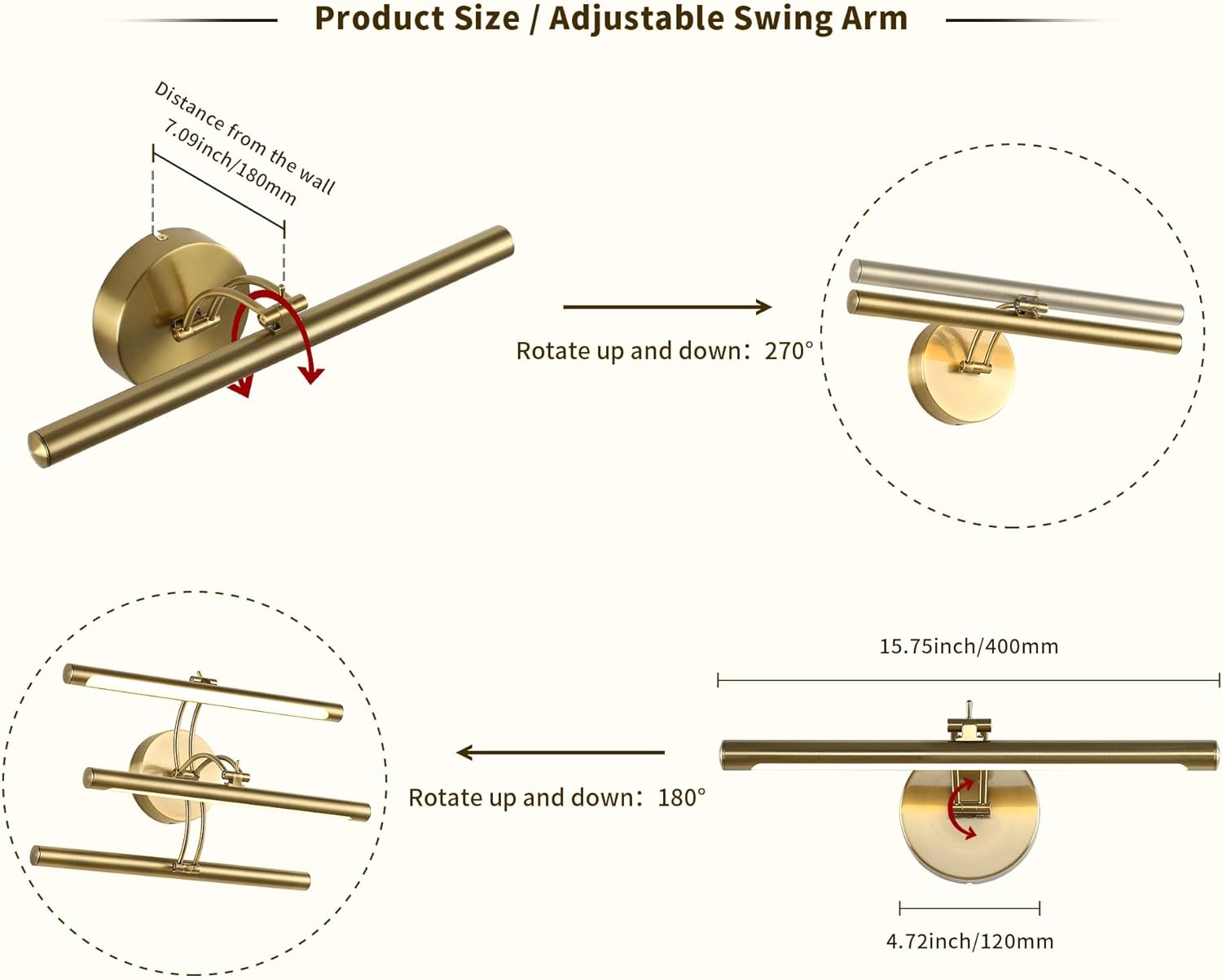 Picture Light Dimmable Hard Wired 15.75 Inch Adjustable Swing Arm Brass Wall Lights for Pictures Led Display Light for Artwork 7W Warm White