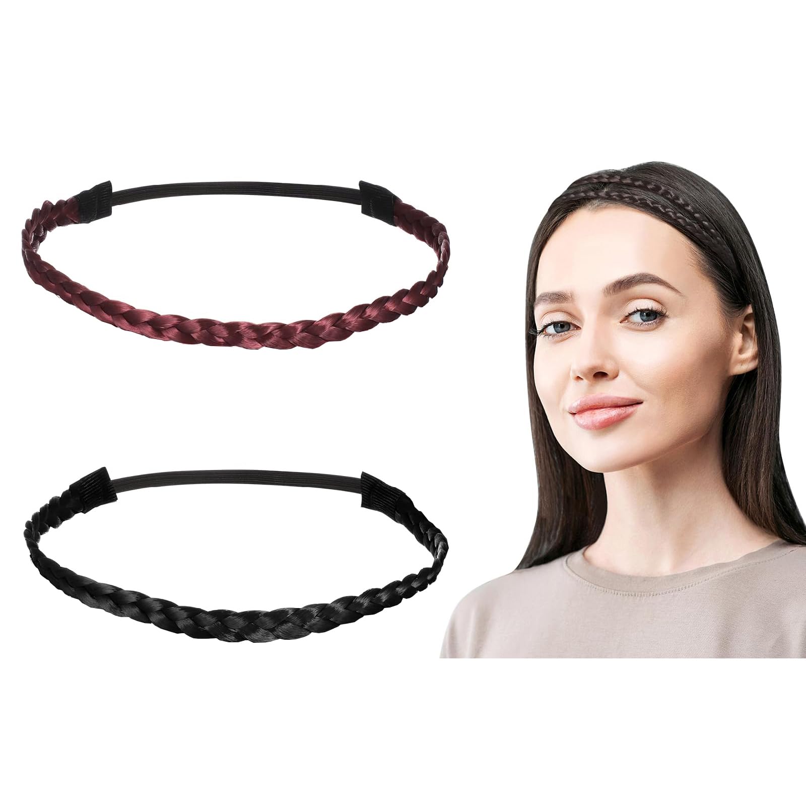 jUBOBU Braided Hair Band,2 Pcs,Hair Plaited Plait Elastic Hairband for Girls & Women,Fashion Hair Accessory,Soft Extensions Stretchy Headband Hairband(Black&Light Brown)