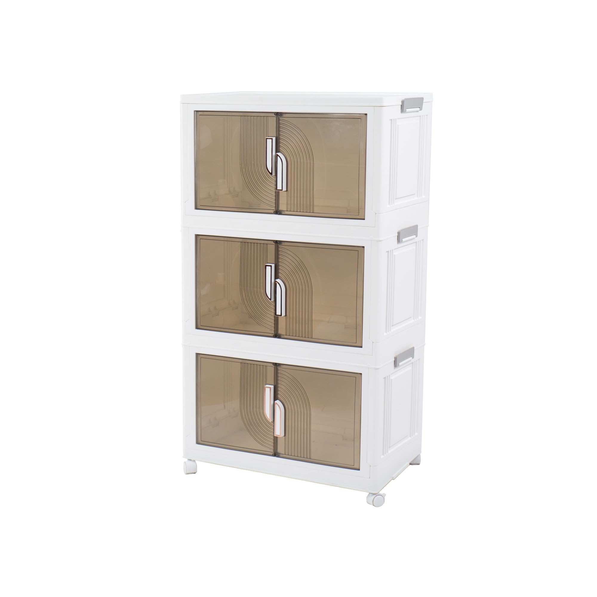 Foldable Storage Bins with Lids Stackable Storage Bins with Doors and Wheels Magnetic Dual-Opening Doors Storage Containers for Bedroom, Living Room, Closet, Laundry (White-3Pack)