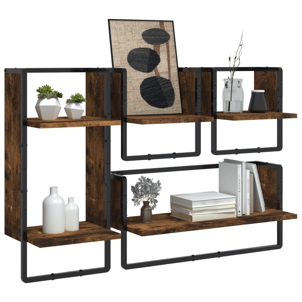 Set Mensole Parete con Aste 4 Pezzi Rovere Fumo