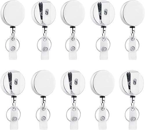 10 Pack Badge Reel Heavy Duty Retractable Badge Holder Extendable Metal Wire Badge Reel with Clip Key Ring for Nurses Doctor Office Workers Name Tag