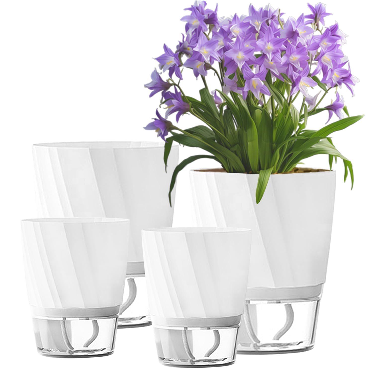 ROLMZJX 4 vasi autoinnaffianti da 20/15/12 cm, grandi vasi autoirriganti con corda di cotone stoppino, vaso in plastica con grande contenitore d'acqua per piante da interno, fiori, erbe aromatiche