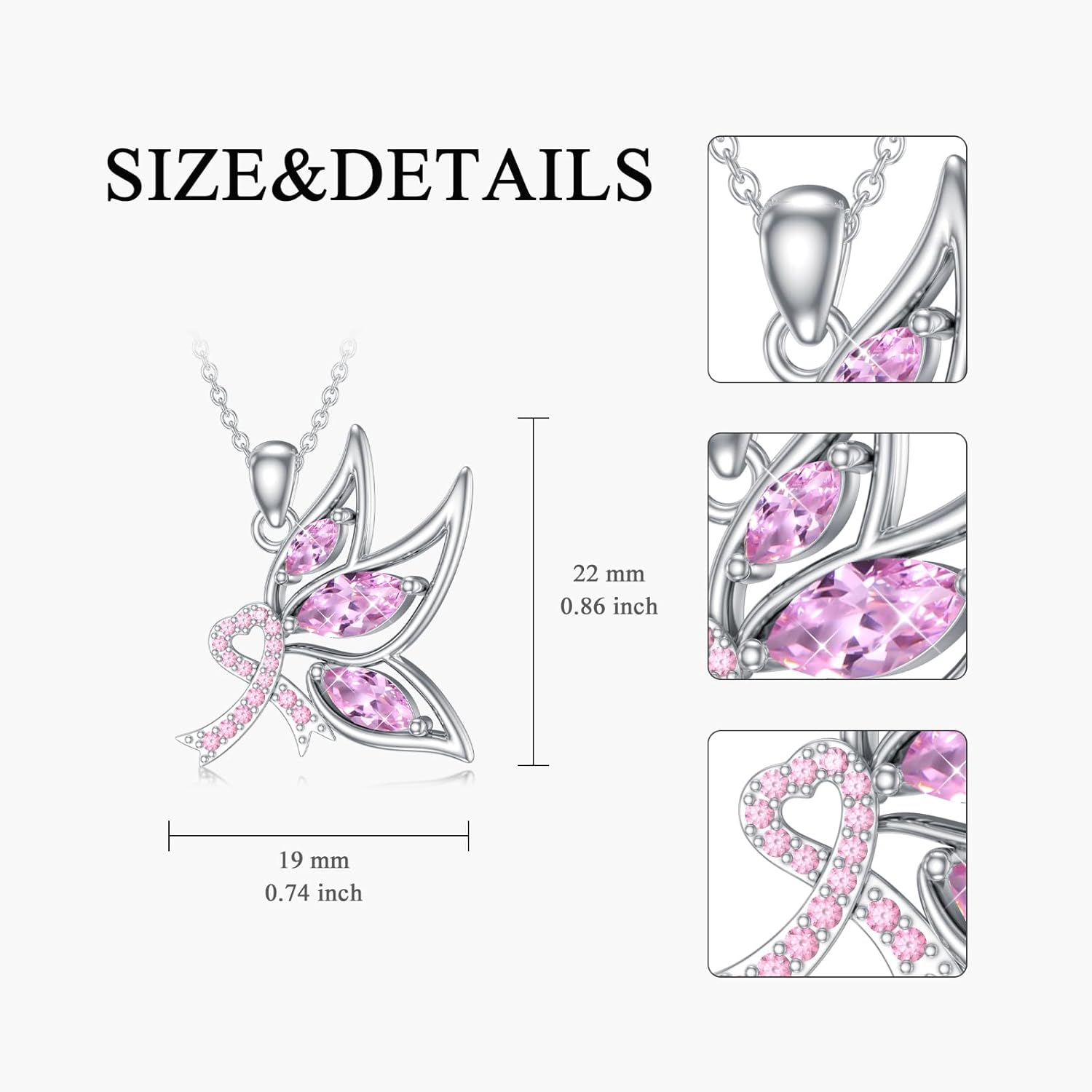 925 Sterling Silver Breast Cancer Awareness Necklace Butterfly/Dragonfly/Cross Pendant Necklace Pink Ribbon Necklace Breast Cancer Survivor Gifts for Women - Image 7