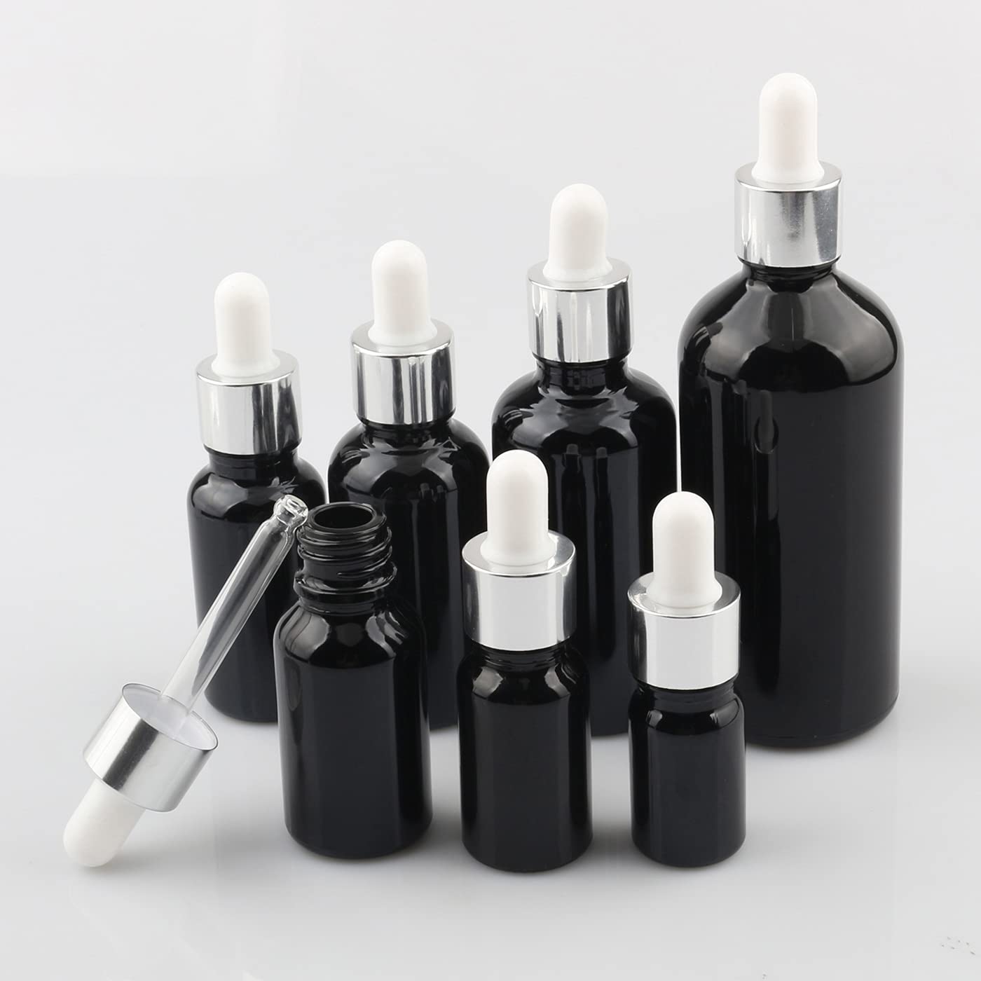 24 Piezas Negro Frasco Cuentagotas Cristal 100ml, Botellas Cuentagotas Vacío con Pipeta de Vidrio Plata/Blanco, para Fragancias de Arorapia de Aceites Esenciales, Masaje, Viaje