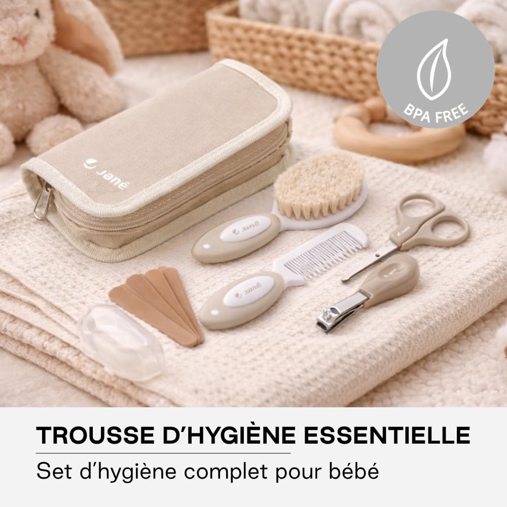 Jané Kit Hygiène Bébé avec Trousse, Set Complet Nouveau-né 8 Pièces, Brosse Poils Naturels, Ciseaux, Coupe-ongles, Lime, Brosse Dentaire Silicone, Beige