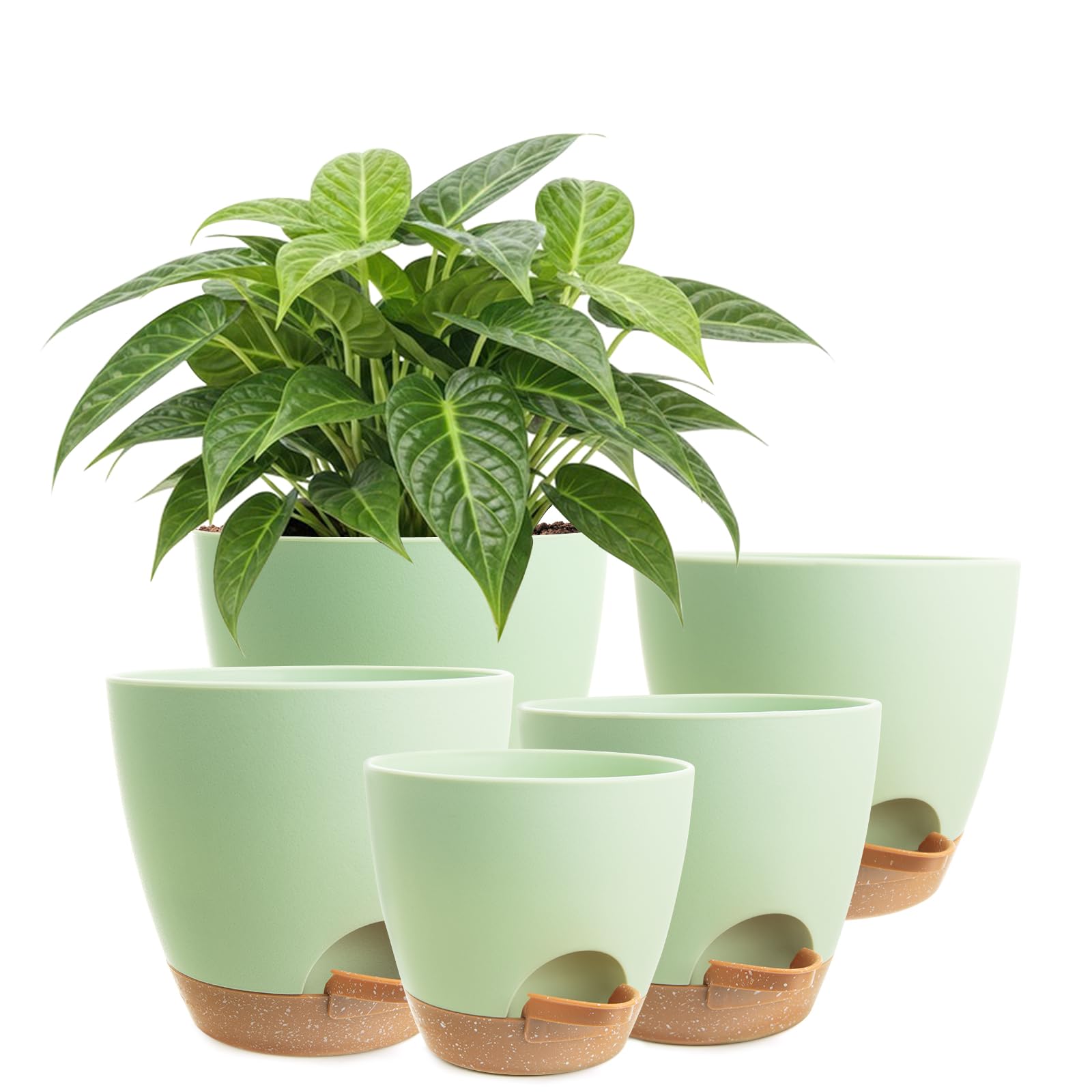 XXXFLOWER 5 Pack Self Watering Pots，Plastic Flowers Pots with Drainage Hole & Saucers & Reservoir for Indoor Outdoor Plants,Planter for Home Garden Modern Decor（Green）