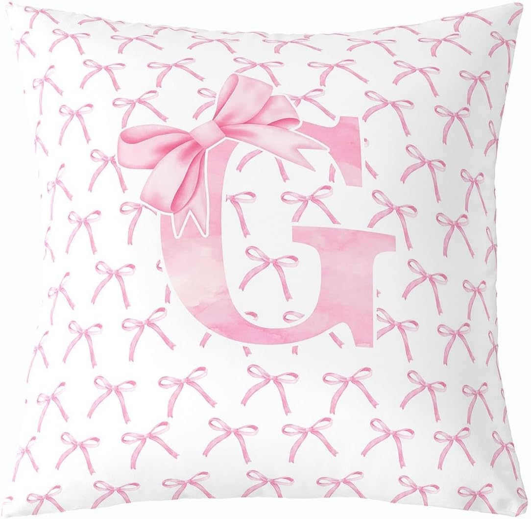 Cartoon Bowknot Kids Throw Pillow Cover,Pink Bow Tie Letter G Knot Princess Double Sides Pillow Case Girls Women,Watercolor Bow Patchwork Pink White Bed Couch Sofa Cushion Cover,Single Pack 18"x18" — image 1