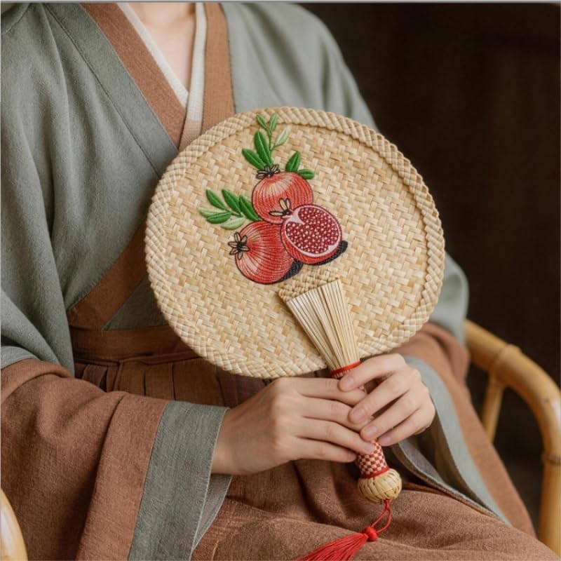 Handwoven Straw Hand Fan with Pomegranate Embroidery Chinese Handheld Tassel for Cooling Home Decor