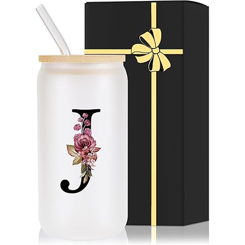 Monogrammed Glass Drinking Cup With Lid Straw Women Her Sister Mom Girlfriend Aunt Best Friend Friendship Grandma Bestie Wife Daughter Law Lady Happy Birthday Cool Funny Meaningful Unique Gifts Cute,J