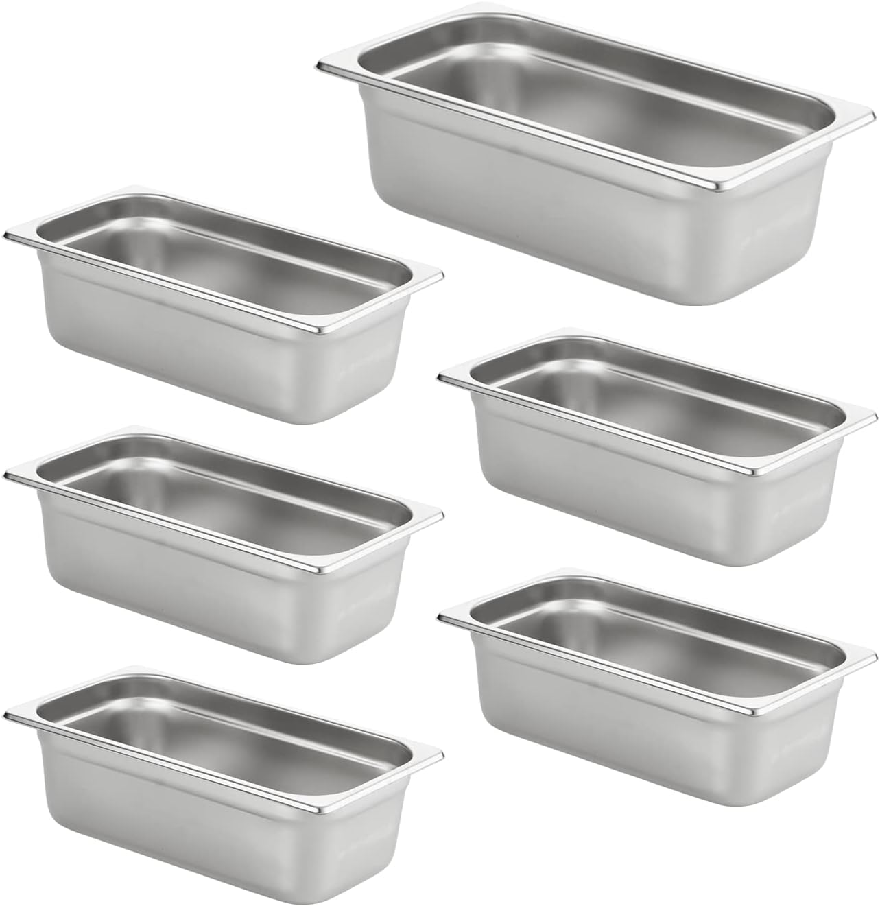 HECMAC 6 Pack Anti-Jam Hotel Pans, 1/3 Size 4 Inch Deep, Commercial Stainless Steel Chafing Steam Table Pan, Catering Storage Metal Food Pan, 23 Gauge