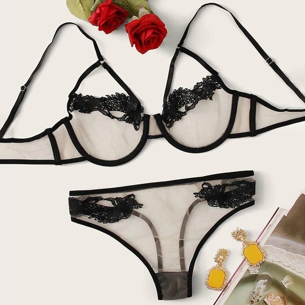 SDCVRE Pajama Set Bra for Women Lingerie Femme Erotic Lace Hot Porno Intimates Bras Underwear Sleepwear Transparent Pajamas Bra Set,M