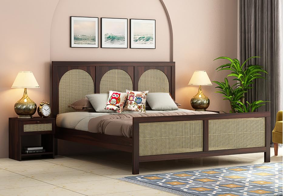 Image of Sheesham Wood King Size Bed Without Storage for Bedroom, Wooden Cane Furniture Hotel & Guest House (80x75x48inch)