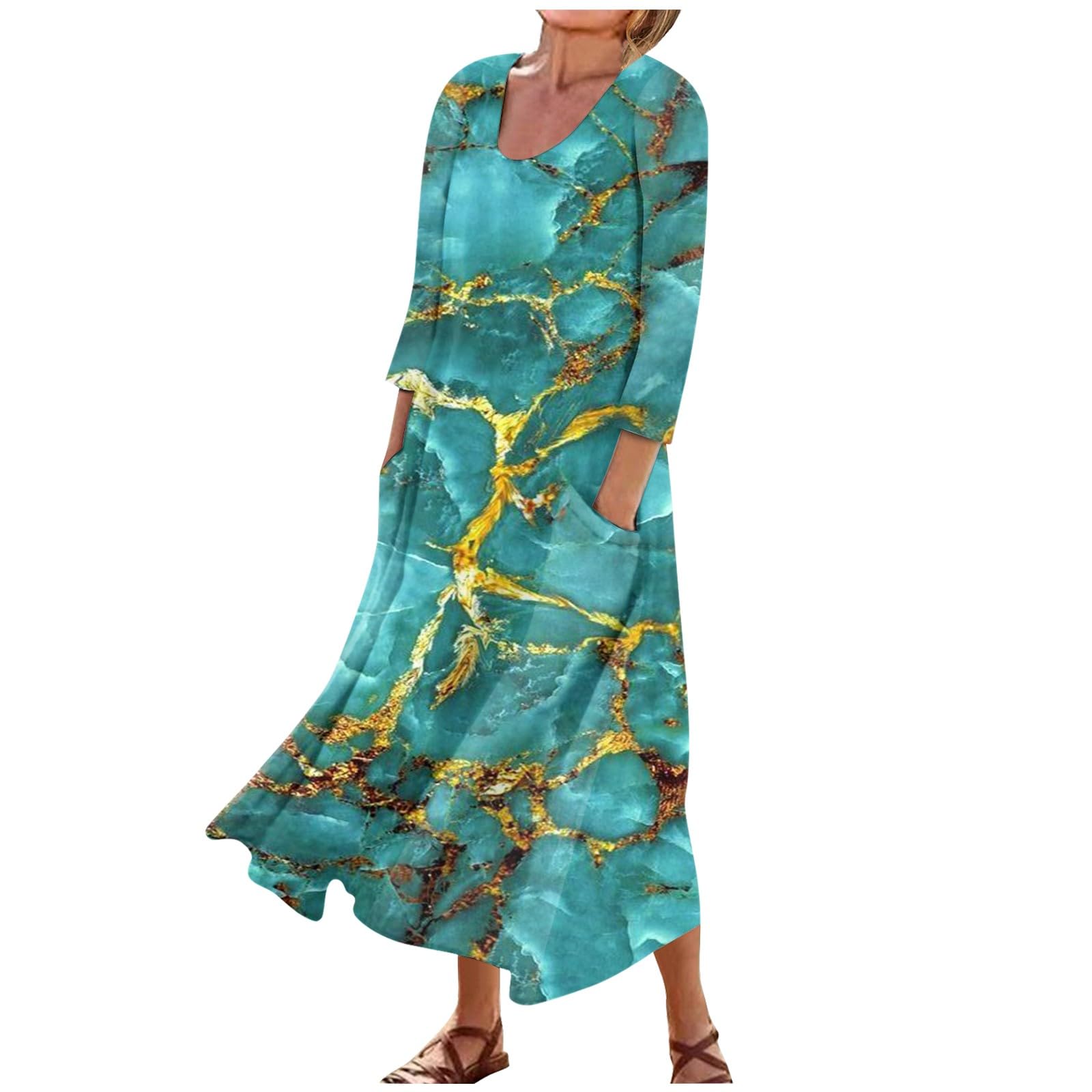 Womens Dresses Printed U Neck Maxi Dresses 3/4 Sleeve Boho Flowy Sundresses with Pocket Dressy Beach Dress