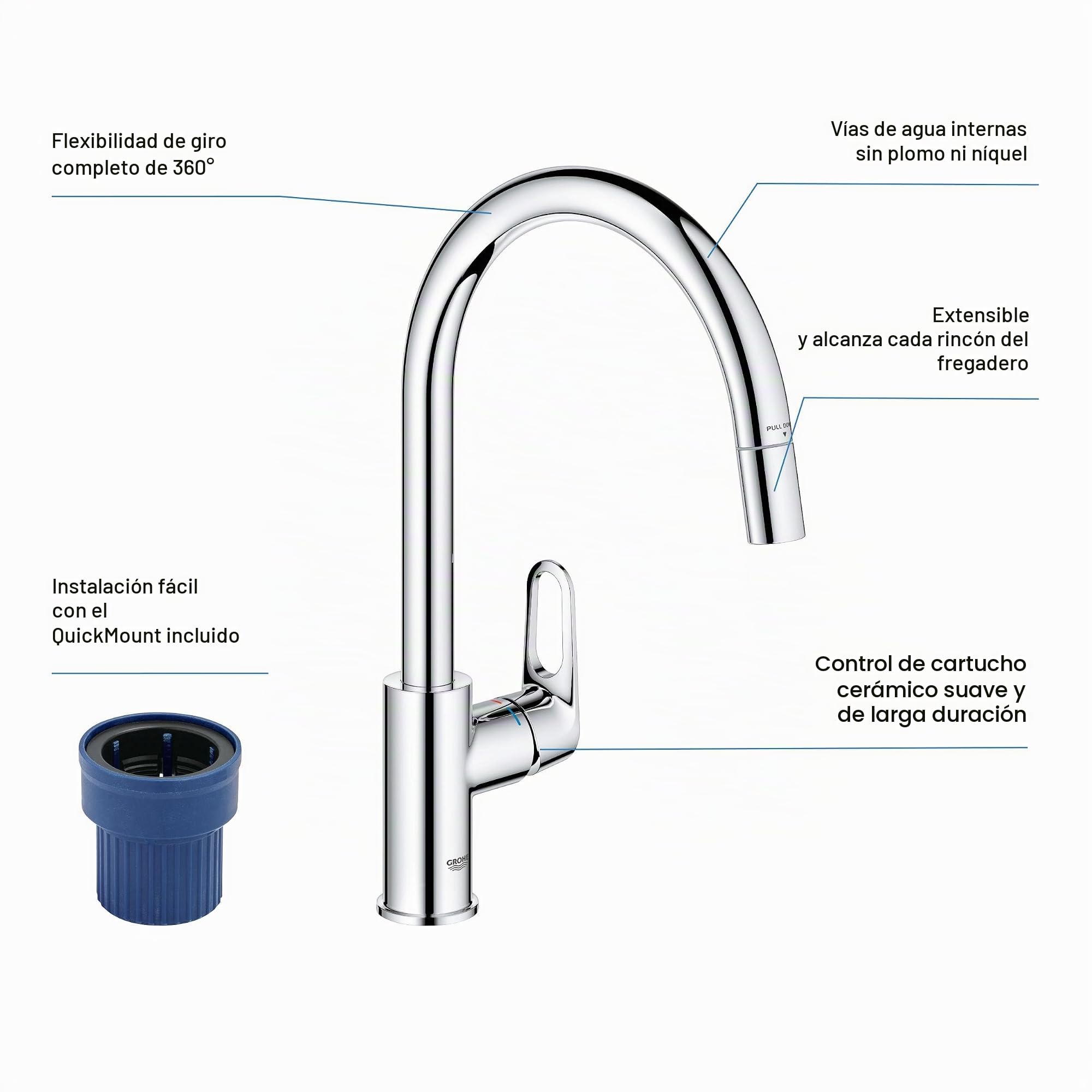 Grohe Start Flow QuickFix - Grifo monomando de cocina extraíble, Caño alto, Cromo, ref. 30569000