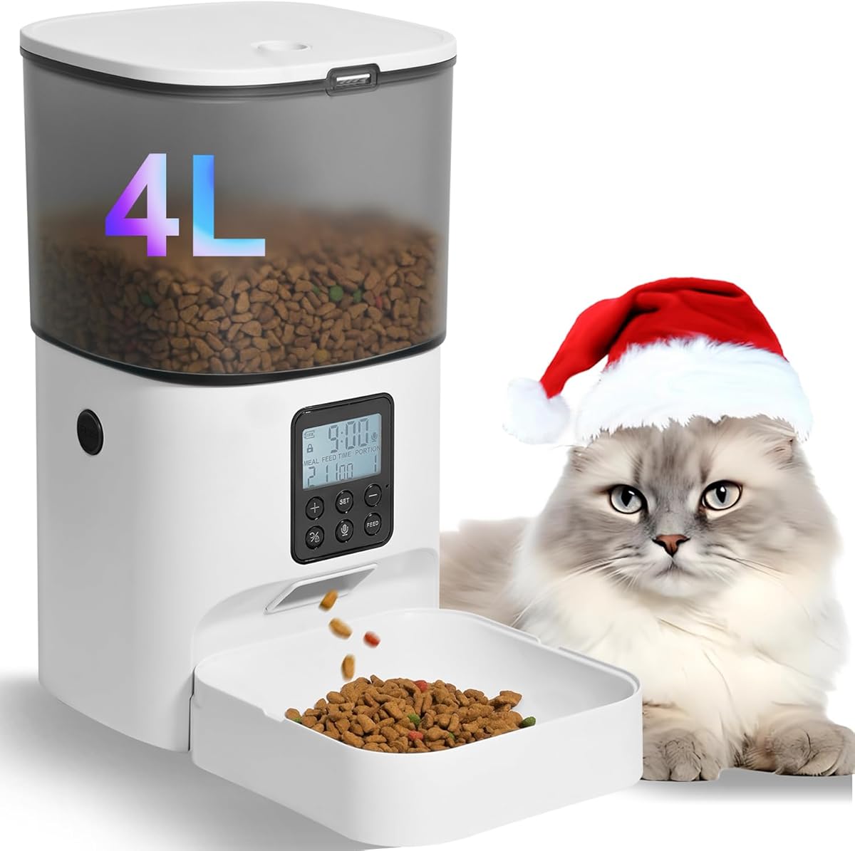 Automatic Cat Feeder, Cat Food Dispenser with 10s Voice Recorder, Pet Feeder up to 8 Meals per Day, Timed Feeder with Dry Food Sealed Ring (Jade White, 4L-Basic)