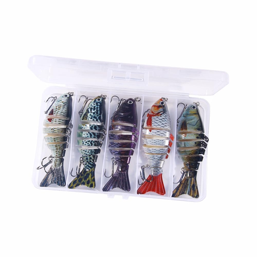 Lot de 5 leurres de pêche multicolores avec boîte pour la pêche à la truite, au saumon, au bar