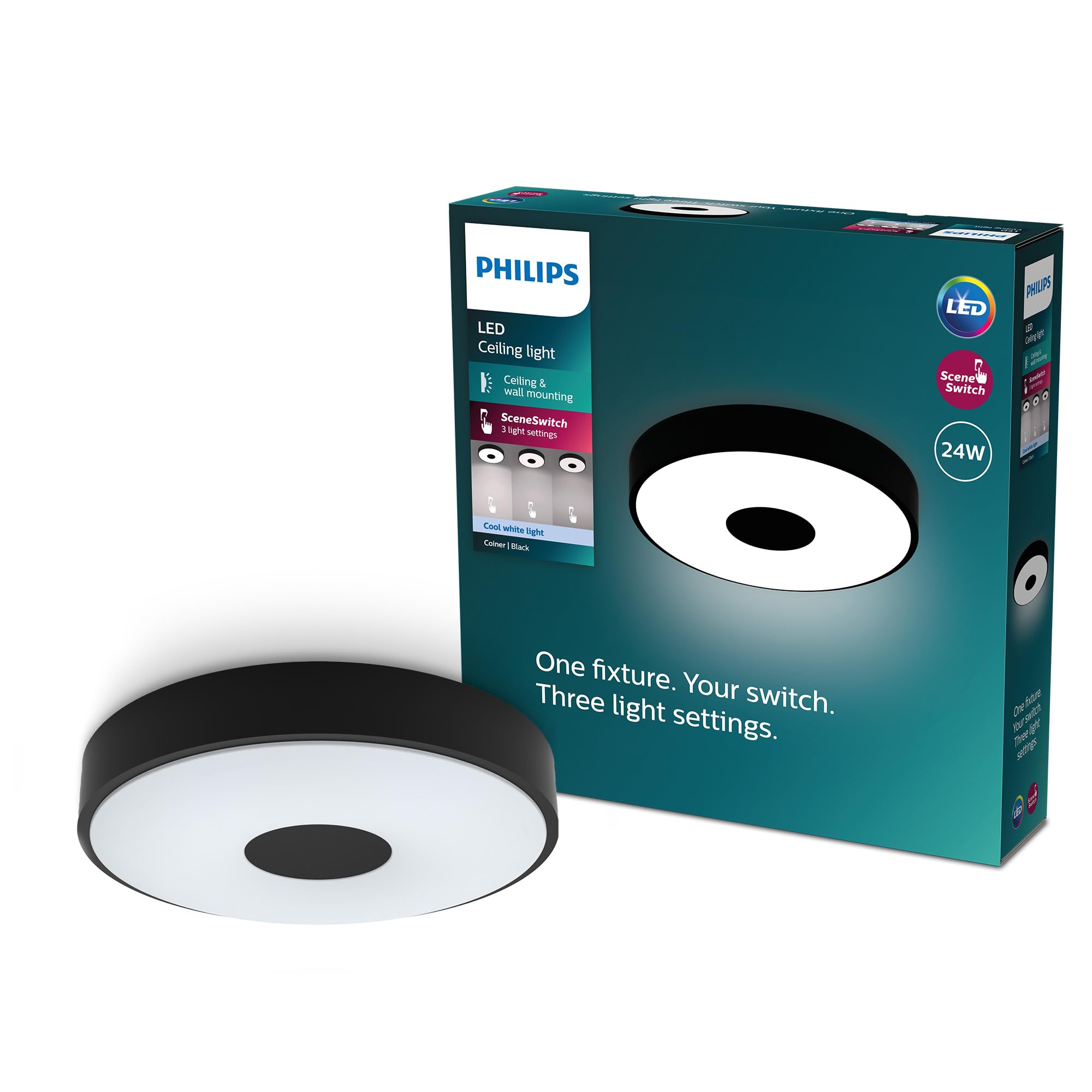 Philips LED Coiner Plafón de Techo, 24W, 2800 lm, Luz Blanca Fría 4000K, Protección IP20, SceneSwitch, Redondo, Color Negro