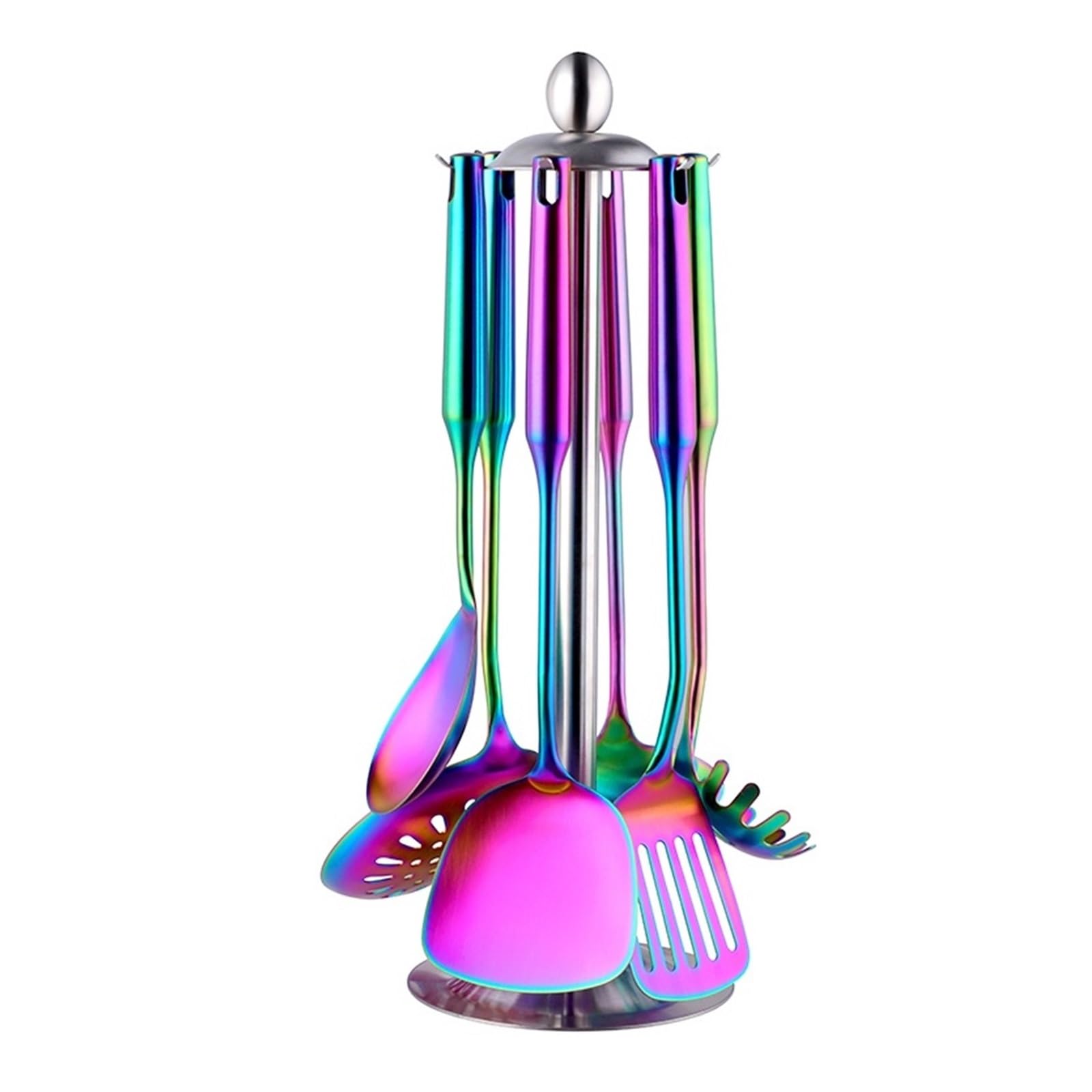 Ensemble de 7 ustensiles cuisine en acier inoxydable, spatule, pelle, louche, passoire à soupe, cuillères service(Rainbow No.0)