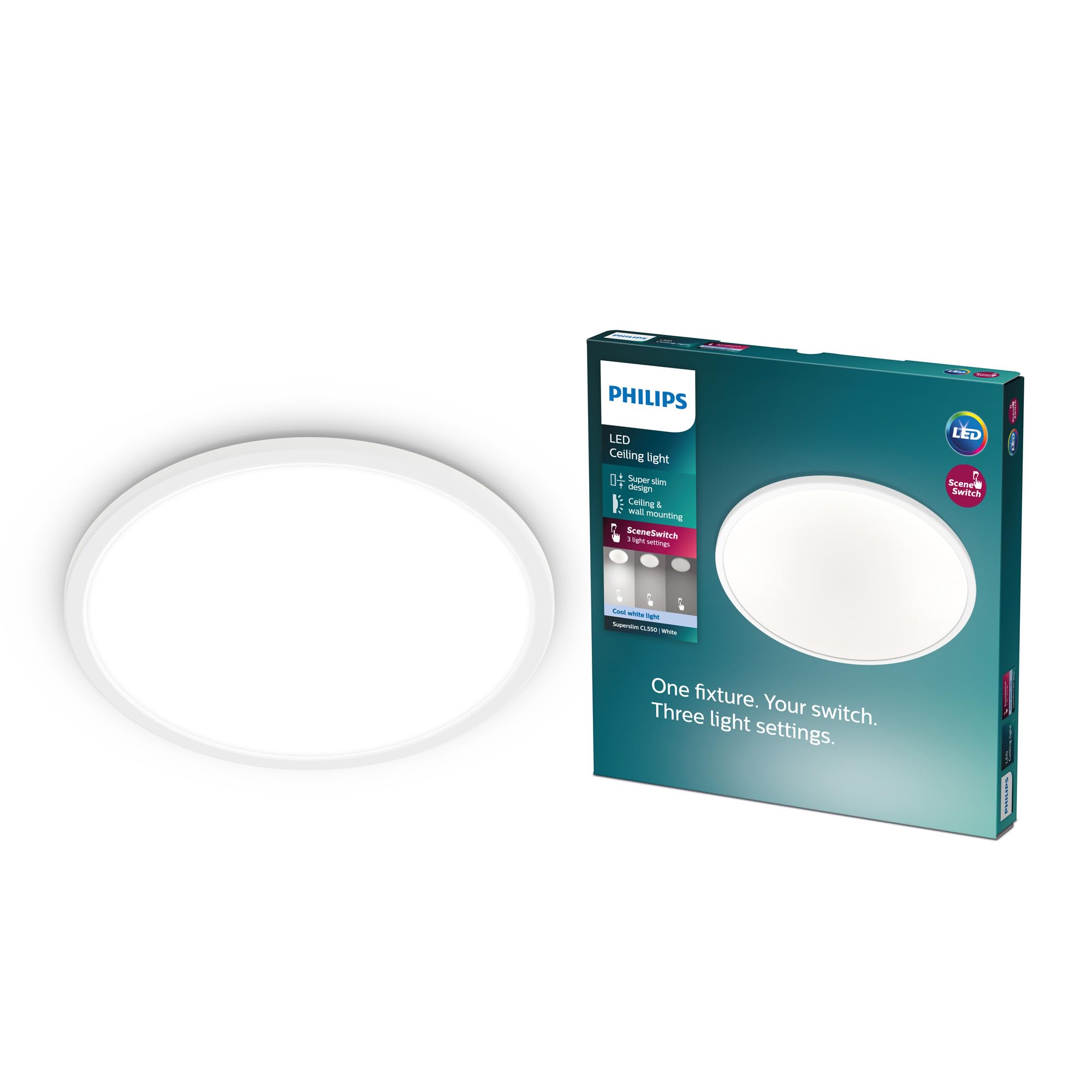PhilipsLED Superslim SceneSwitch Dimmable Ceiling Light 4000K 18W [Cool White - White] for Indoor Home Lighting in Livingroom and Bedroom