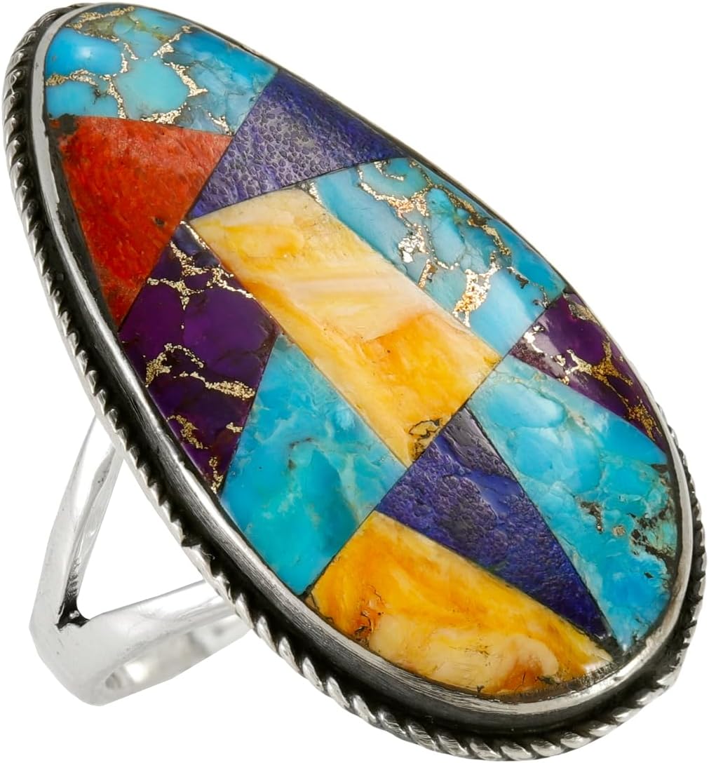 Spiny Oyster & Turquoise Ring in Sterling Silver 925 Genuine Gemstones