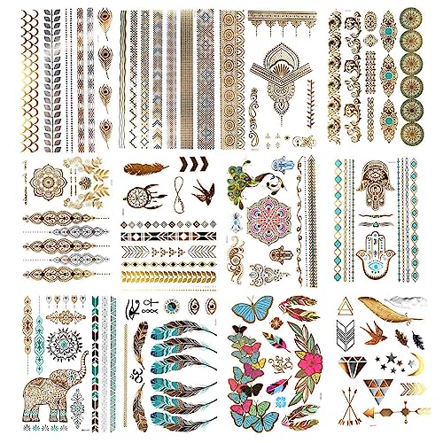 12 Sheets Flash Gold Metallic Temporary Tattoos for Women Girls