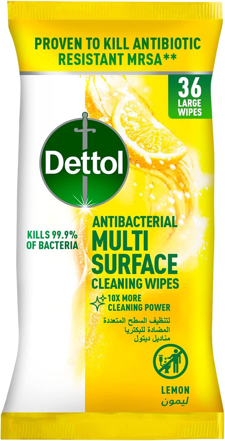 Lemon Antibacterial Multi Surface Cleaning Wipes for effective Germ Protection & Personal Hygiene (Kills 99.9% of Bacteria), 36 Large