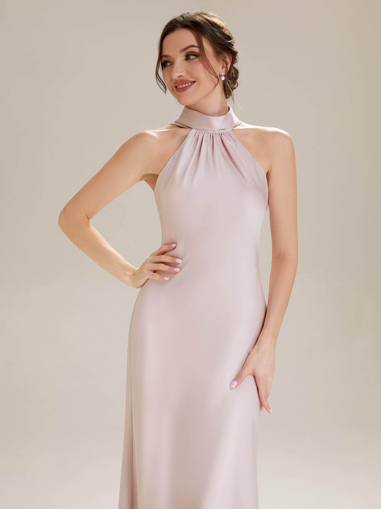 Ever-Pretty Brautjungfernkleider Satin Lang Elegantes Abendkleid für Hochzeit Halter Neck Ballkleider ES02707