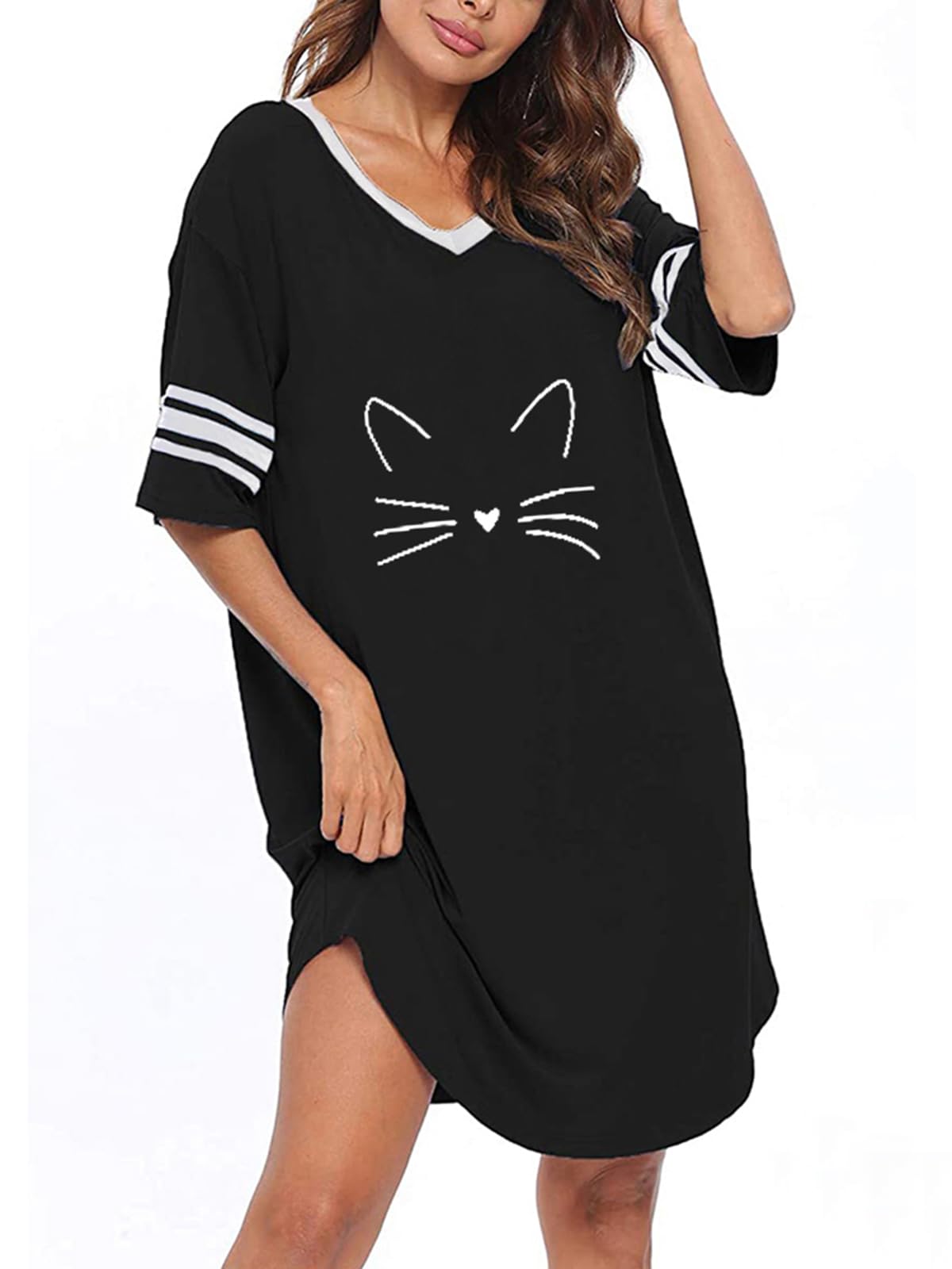 Cicy Bell Damen V Ausschnitt Kurzarm Oversized Nachthemd Schlafshirt Printed Gestreift Nachtwäsche mit Grafik Printed