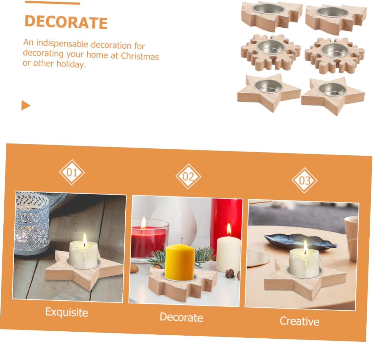 ORFOFE 6pcs Wooden Tealight Candle Holders for Christmas Table Decorations Festival Candle Holder for Home Decor Featuring Christmas Tree Star and