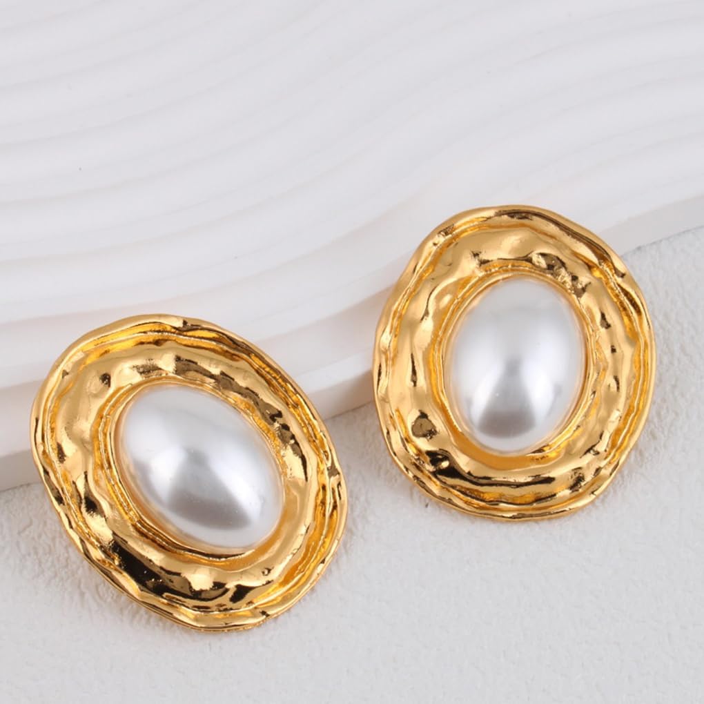 Vintage Pearl Earrings for Women Exaggerated Gold Chunky Oval Pearl Drop Earrings Geometric Textured Circle Statement Earrings Trendy Jewelry Gifts - Image 5